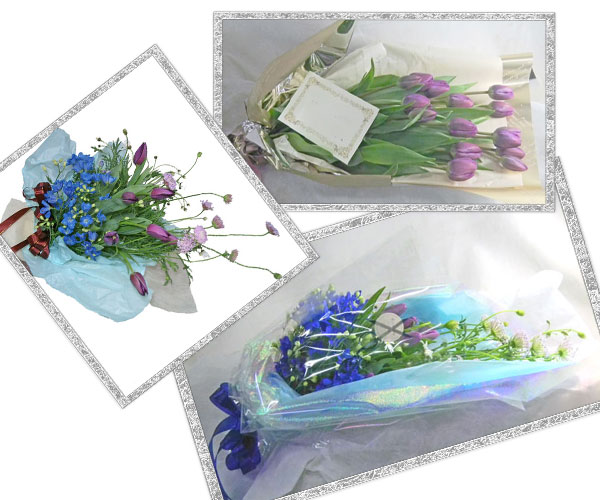 紫のチューリップとデルフィニウムの花束